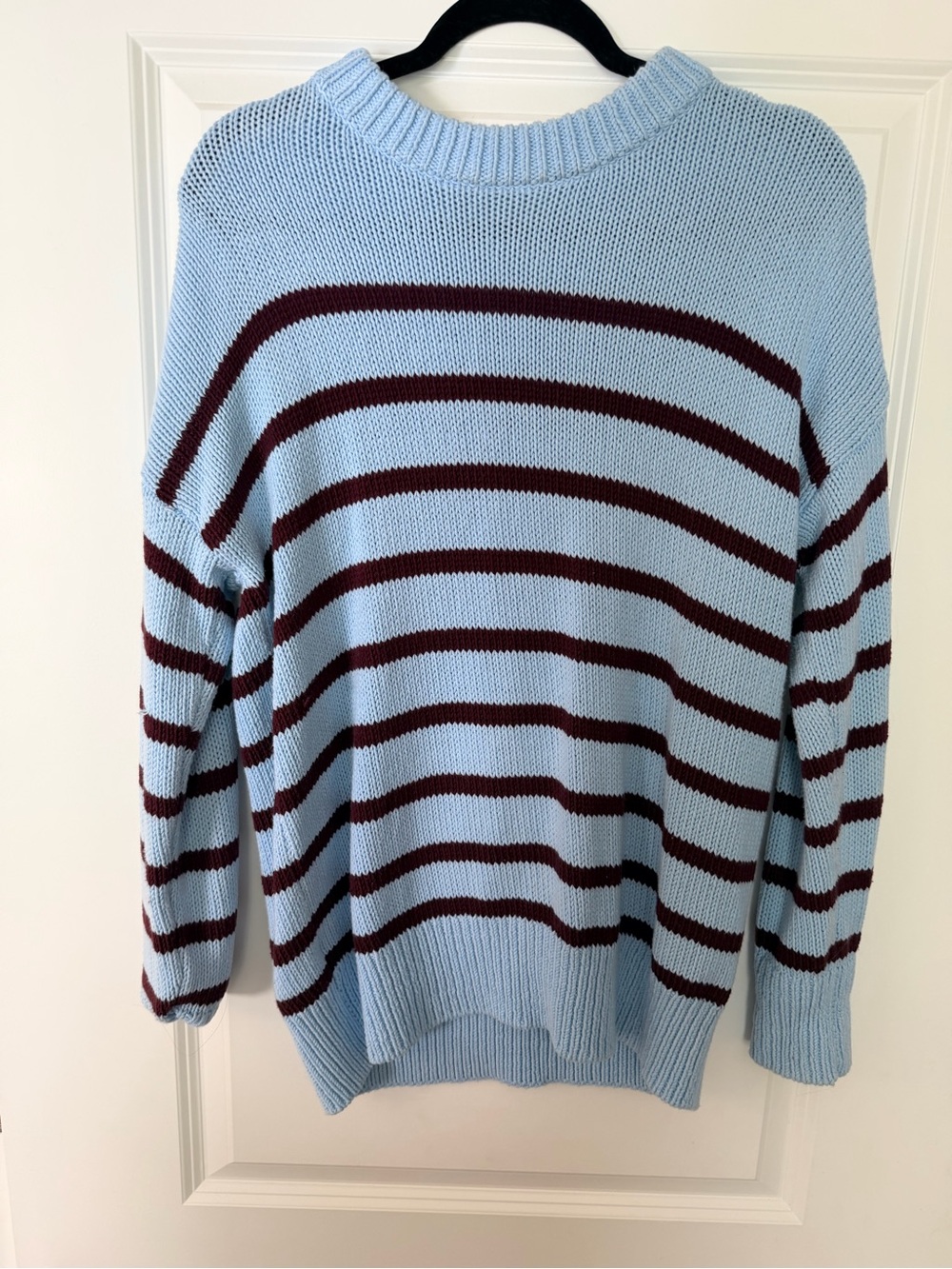 LOFT Light Blue Crewneck Sweater with Burgundy Stripes